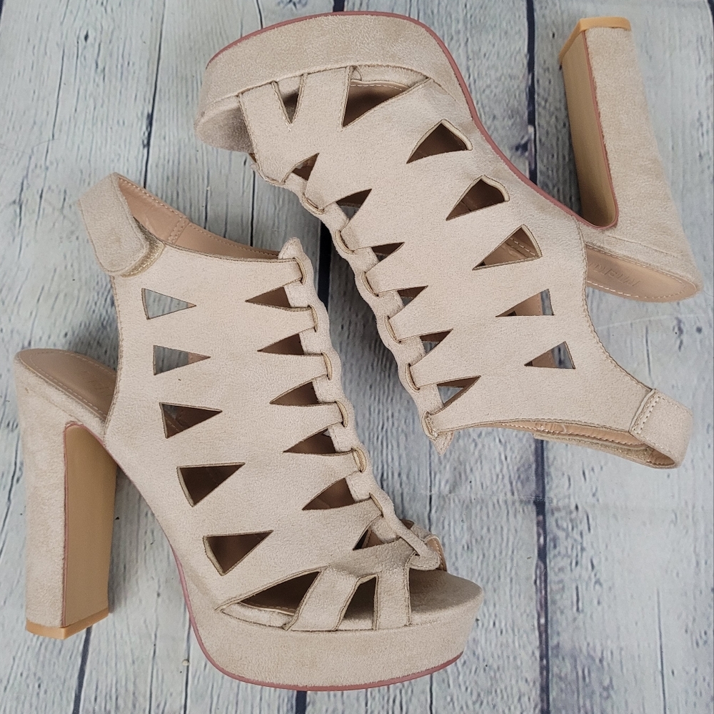 McKOINE | chunky high heeled gladiator cage faux suede sandals